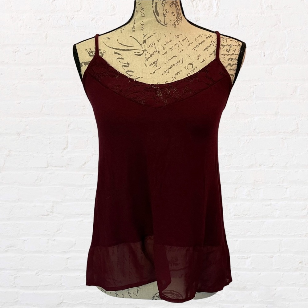Maroon Mason+Mackenzie Camisole Lace Detail Spaghetti Strap Tank Top Flowy VNeck